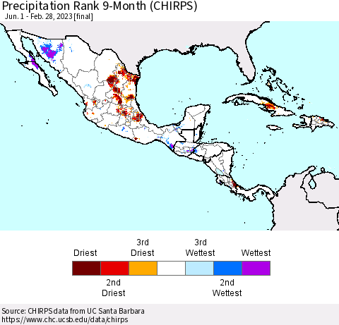 Mexico Central America and the Caribbean Precipitation Rank since 1981, 9-Month (CHIRPS) Thematic Map For 6/1/2022 - 2/28/2023
