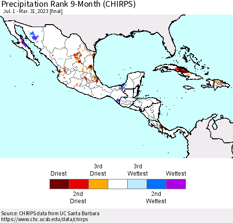Mexico Central America and the Caribbean Precipitation Rank since 1981, 9-Month (CHIRPS) Thematic Map For 7/1/2022 - 3/31/2023
