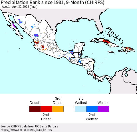 Mexico Central America and the Caribbean Precipitation Rank since 1981, 9-Month (CHIRPS) Thematic Map For 8/1/2022 - 4/30/2023
