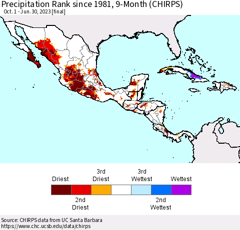 Mexico Central America and the Caribbean Precipitation Rank since 1981, 9-Month (CHIRPS) Thematic Map For 10/1/2022 - 6/30/2023