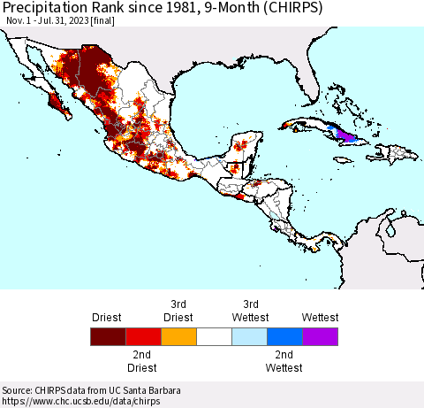 Mexico Central America and the Caribbean Precipitation Rank since 1981, 9-Month (CHIRPS) Thematic Map For 11/1/2022 - 7/31/2023