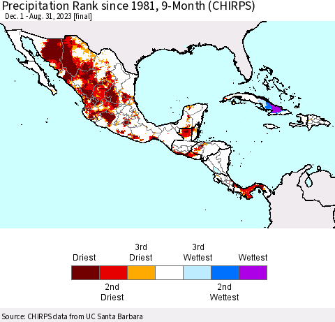 Mexico Central America and the Caribbean Precipitation Rank since 1981, 9-Month (CHIRPS) Thematic Map For 12/1/2022 - 8/31/2023
