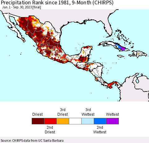 Mexico Central America and the Caribbean Precipitation Rank since 1981, 9-Month (CHIRPS) Thematic Map For 1/1/2023 - 9/30/2023
