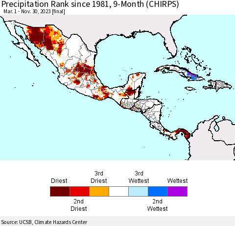 Mexico Central America and the Caribbean Precipitation Rank since 1981, 9-Month (CHIRPS) Thematic Map For 3/1/2023 - 11/30/2023