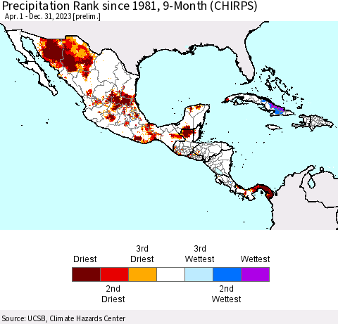 Mexico Central America and the Caribbean Precipitation Rank since 1981, 9-Month (CHIRPS) Thematic Map For 4/1/2023 - 12/31/2023