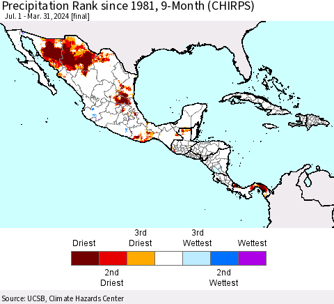 Mexico Central America and the Caribbean Precipitation Rank since 1981, 9-Month (CHIRPS) Thematic Map For 7/1/2023 - 3/31/2024