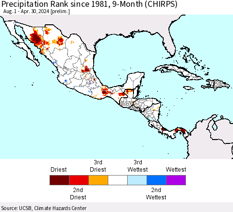 Mexico Central America and the Caribbean Precipitation Rank since 1981, 9-Month (CHIRPS) Thematic Map For 8/1/2023 - 4/30/2024
