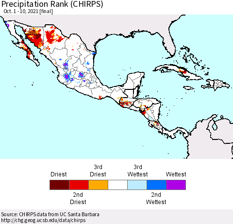 Mexico Central America and the Caribbean Precipitation Rank since 1981 (CHIRPS) Thematic Map For 10/1/2021 - 10/10/2021