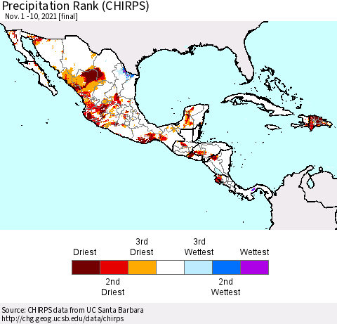 Mexico Central America and the Caribbean Precipitation Rank since 1981 (CHIRPS) Thematic Map For 11/1/2021 - 11/10/2021