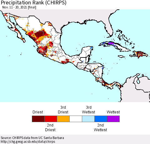 Mexico Central America and the Caribbean Precipitation Rank since 1981 (CHIRPS) Thematic Map For 11/11/2021 - 11/20/2021