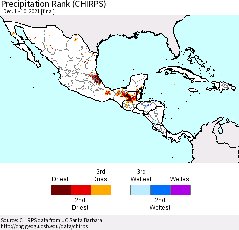 Mexico Central America and the Caribbean Precipitation Rank since 1981 (CHIRPS) Thematic Map For 12/1/2021 - 12/10/2021
