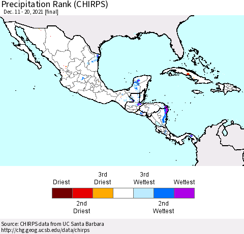 Mexico Central America and the Caribbean Precipitation Rank since 1981 (CHIRPS) Thematic Map For 12/11/2021 - 12/20/2021