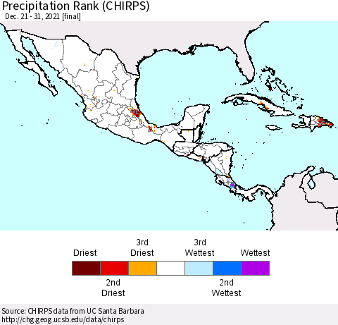 Mexico Central America and the Caribbean Precipitation Rank since 1981 (CHIRPS) Thematic Map For 12/21/2021 - 12/31/2021
