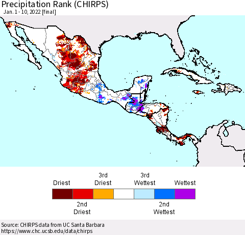 Mexico Central America and the Caribbean Precipitation Rank since 1981 (CHIRPS) Thematic Map For 1/1/2022 - 1/10/2022