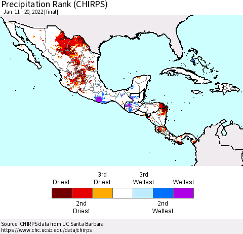 Mexico Central America and the Caribbean Precipitation Rank since 1981 (CHIRPS) Thematic Map For 1/11/2022 - 1/20/2022