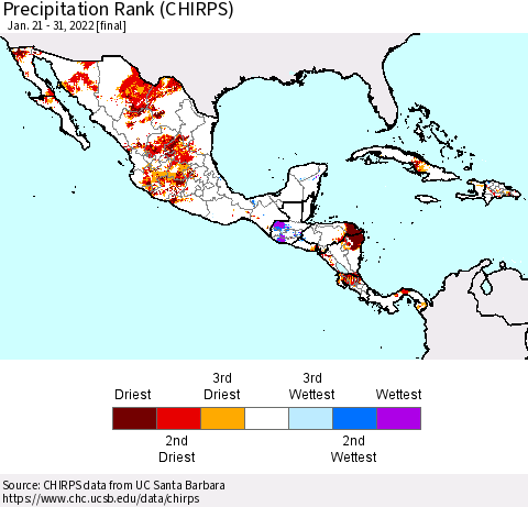 Mexico Central America and the Caribbean Precipitation Rank since 1981 (CHIRPS) Thematic Map For 1/21/2022 - 1/31/2022