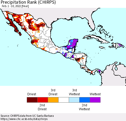 Mexico Central America and the Caribbean Precipitation Rank since 1981 (CHIRPS) Thematic Map For 2/1/2022 - 2/10/2022