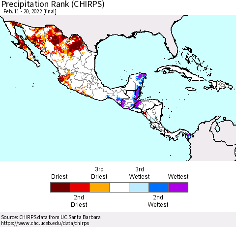 Mexico Central America and the Caribbean Precipitation Rank since 1981 (CHIRPS) Thematic Map For 2/11/2022 - 2/20/2022