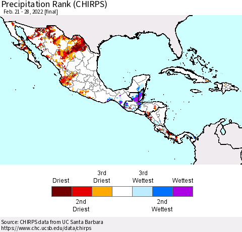 Mexico Central America and the Caribbean Precipitation Rank since 1981 (CHIRPS) Thematic Map For 2/21/2022 - 2/28/2022