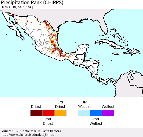 Mexico Central America and the Caribbean Precipitation Rank since 1981 (CHIRPS) Thematic Map For 3/1/2022 - 3/10/2022