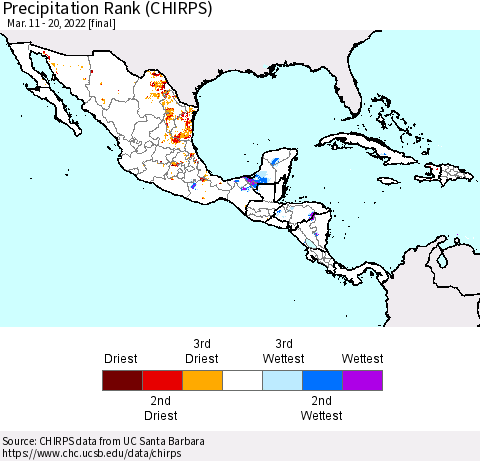Mexico Central America and the Caribbean Precipitation Rank since 1981 (CHIRPS) Thematic Map For 3/11/2022 - 3/20/2022