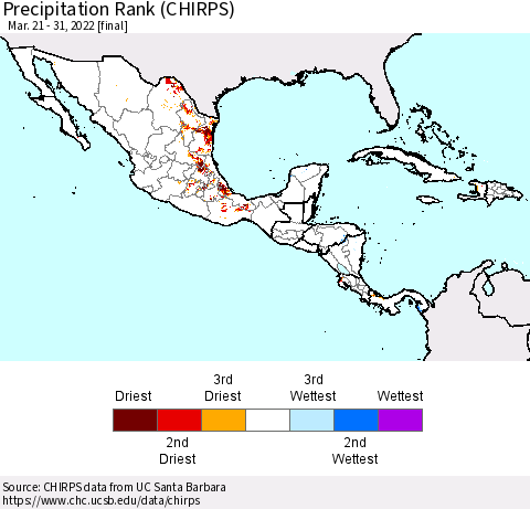 Mexico Central America and the Caribbean Precipitation Rank since 1981 (CHIRPS) Thematic Map For 3/21/2022 - 3/31/2022