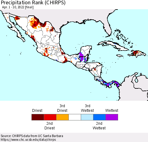Mexico Central America and the Caribbean Precipitation Rank since 1981 (CHIRPS) Thematic Map For 4/1/2022 - 4/10/2022