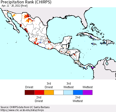 Mexico Central America and the Caribbean Precipitation Rank since 1981 (CHIRPS) Thematic Map For 4/11/2022 - 4/20/2022