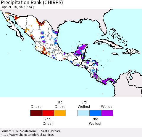 Mexico Central America and the Caribbean Precipitation Rank since 1981 (CHIRPS) Thematic Map For 4/21/2022 - 4/30/2022