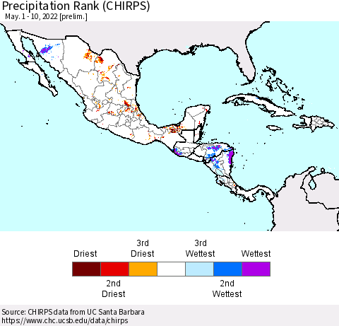 Mexico Central America and the Caribbean Precipitation Rank since 1981 (CHIRPS) Thematic Map For 5/1/2022 - 5/10/2022