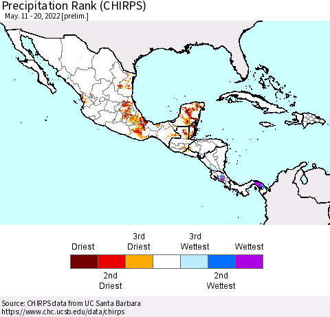 Mexico Central America and the Caribbean Precipitation Rank since 1981 (CHIRPS) Thematic Map For 5/11/2022 - 5/20/2022