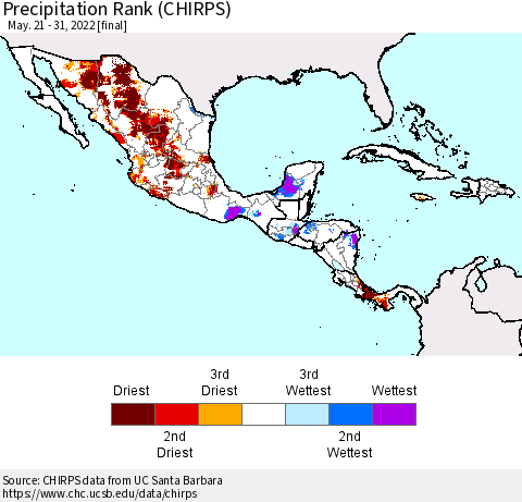 Mexico Central America and the Caribbean Precipitation Rank since 1981 (CHIRPS) Thematic Map For 5/21/2022 - 5/31/2022