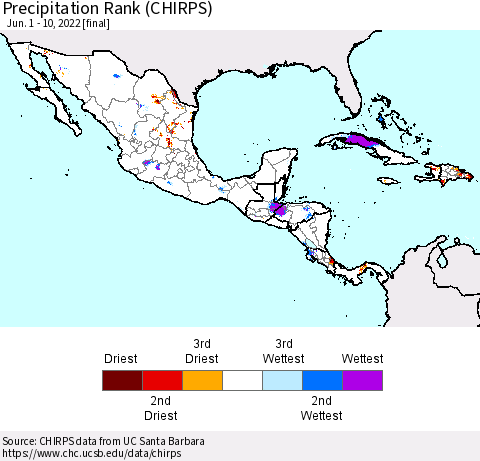 Mexico Central America and the Caribbean Precipitation Rank since 1981 (CHIRPS) Thematic Map For 6/1/2022 - 6/10/2022
