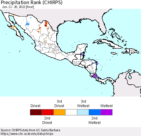 Mexico Central America and the Caribbean Precipitation Rank since 1981 (CHIRPS) Thematic Map For 6/11/2022 - 6/20/2022