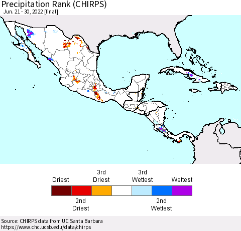 Mexico Central America and the Caribbean Precipitation Rank since 1981 (CHIRPS) Thematic Map For 6/21/2022 - 6/30/2022