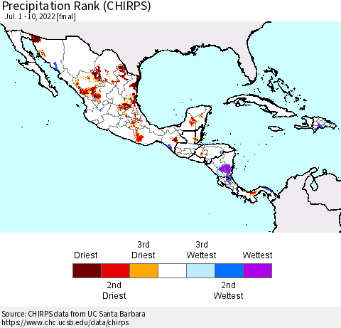 Mexico Central America and the Caribbean Precipitation Rank since 1981 (CHIRPS) Thematic Map For 7/1/2022 - 7/10/2022