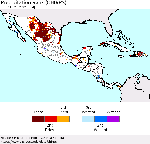 Mexico Central America and the Caribbean Precipitation Rank since 1981 (CHIRPS) Thematic Map For 7/11/2022 - 7/20/2022