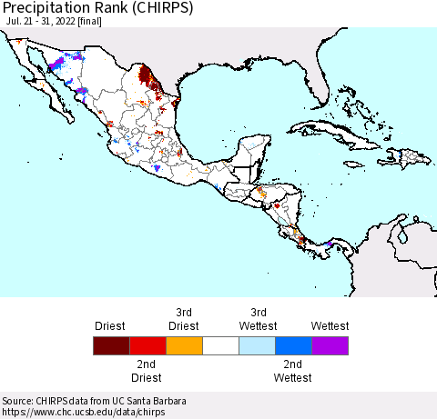 Mexico Central America and the Caribbean Precipitation Rank since 1981 (CHIRPS) Thematic Map For 7/21/2022 - 7/31/2022