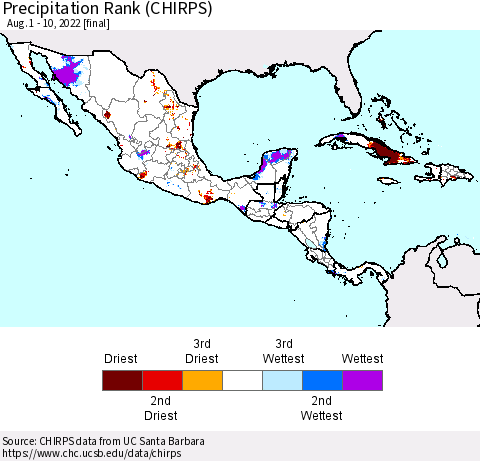 Mexico Central America and the Caribbean Precipitation Rank since 1981 (CHIRPS) Thematic Map For 8/1/2022 - 8/10/2022