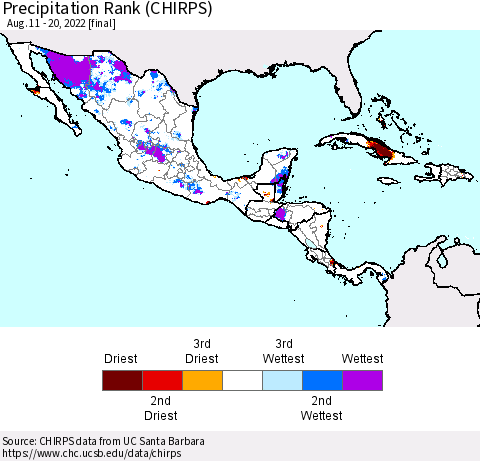 Mexico Central America and the Caribbean Precipitation Rank since 1981 (CHIRPS) Thematic Map For 8/11/2022 - 8/20/2022