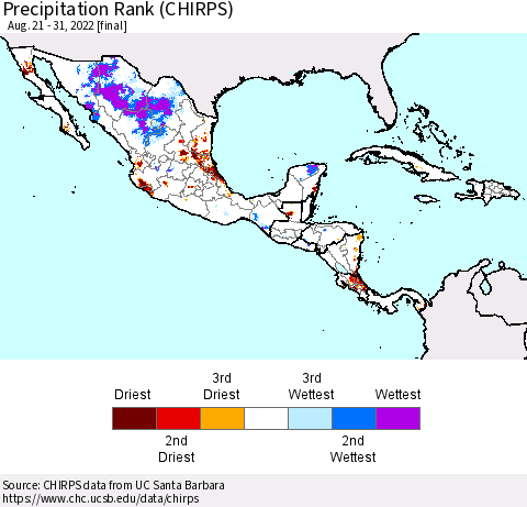 Mexico Central America and the Caribbean Precipitation Rank since 1981 (CHIRPS) Thematic Map For 8/21/2022 - 8/31/2022