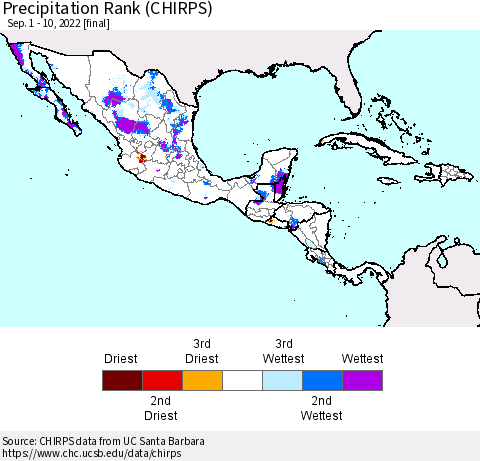 Mexico Central America and the Caribbean Precipitation Rank since 1981 (CHIRPS) Thematic Map For 9/1/2022 - 9/10/2022