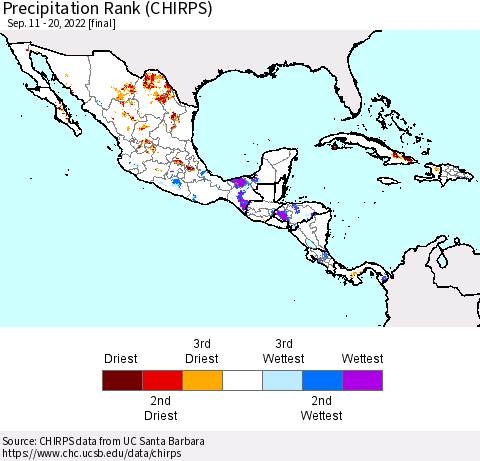 Mexico Central America and the Caribbean Precipitation Rank since 1981 (CHIRPS) Thematic Map For 9/11/2022 - 9/20/2022