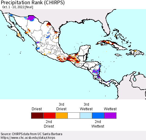 Mexico Central America and the Caribbean Precipitation Rank since 1981 (CHIRPS) Thematic Map For 10/1/2022 - 10/10/2022