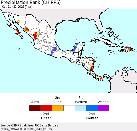 Mexico Central America and the Caribbean Precipitation Rank since 1981 (CHIRPS) Thematic Map For 10/11/2022 - 10/20/2022