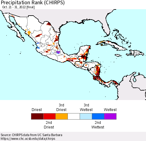 Mexico Central America and the Caribbean Precipitation Rank since 1981 (CHIRPS) Thematic Map For 10/21/2022 - 10/31/2022