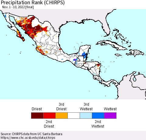 Mexico Central America and the Caribbean Precipitation Rank since 1981 (CHIRPS) Thematic Map For 11/1/2022 - 11/10/2022
