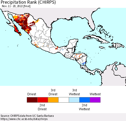 Mexico Central America and the Caribbean Precipitation Rank since 1981 (CHIRPS) Thematic Map For 11/11/2022 - 11/20/2022