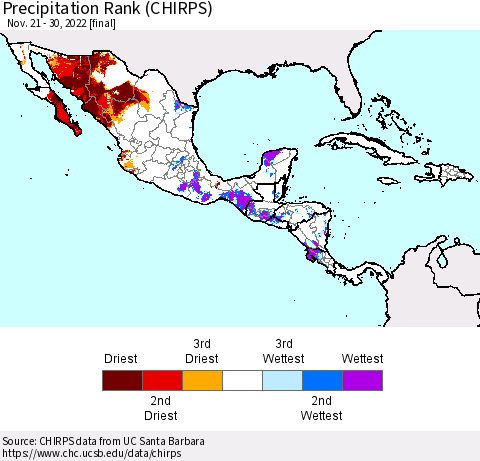 Mexico Central America and the Caribbean Precipitation Rank since 1981 (CHIRPS) Thematic Map For 11/21/2022 - 11/30/2022