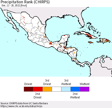 Mexico Central America and the Caribbean Precipitation Rank since 1981 (CHIRPS) Thematic Map For 12/11/2022 - 12/20/2022